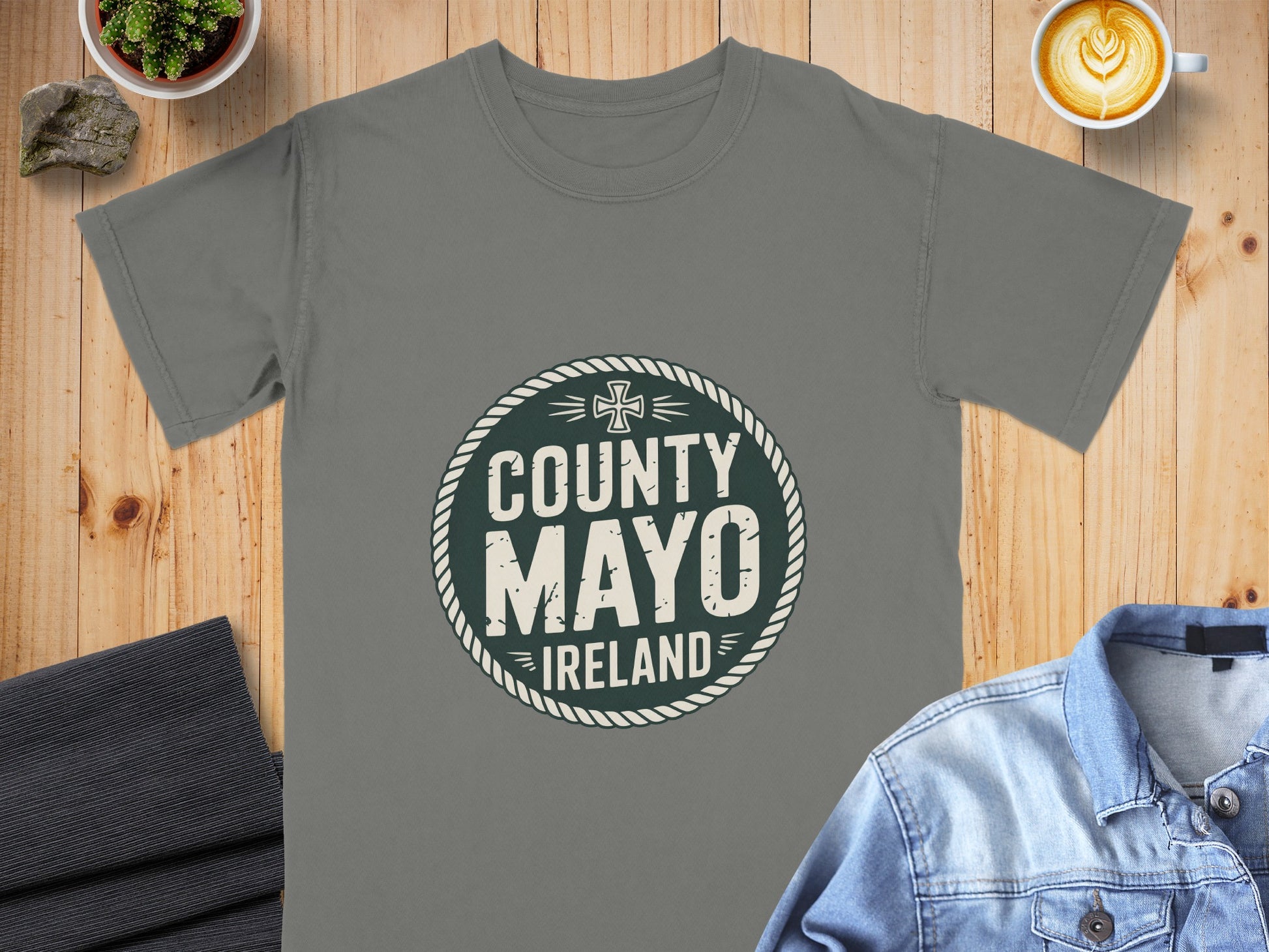 Grey t-shirt with a circular graphic reading "COUNTY MAYO IRELAND"