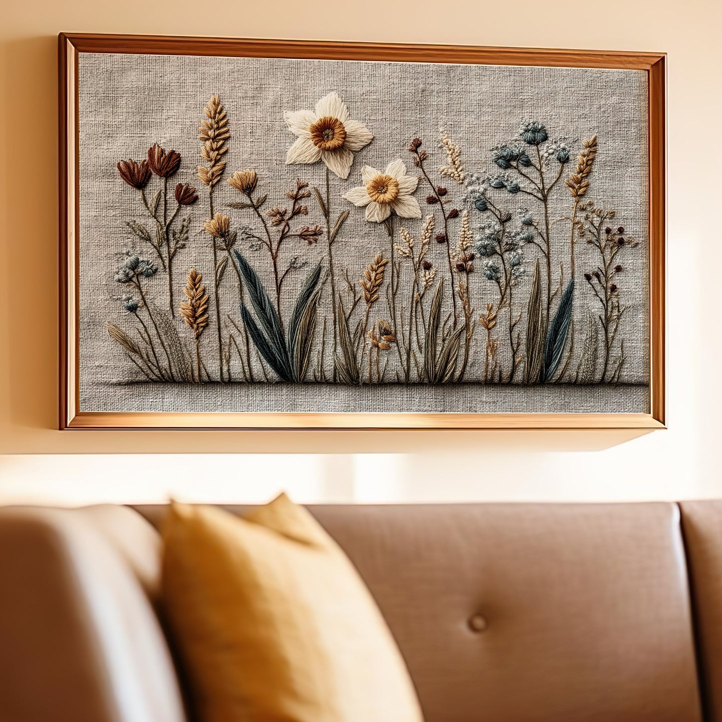 Embroidered Floral Textile Art Framed Wall Decor