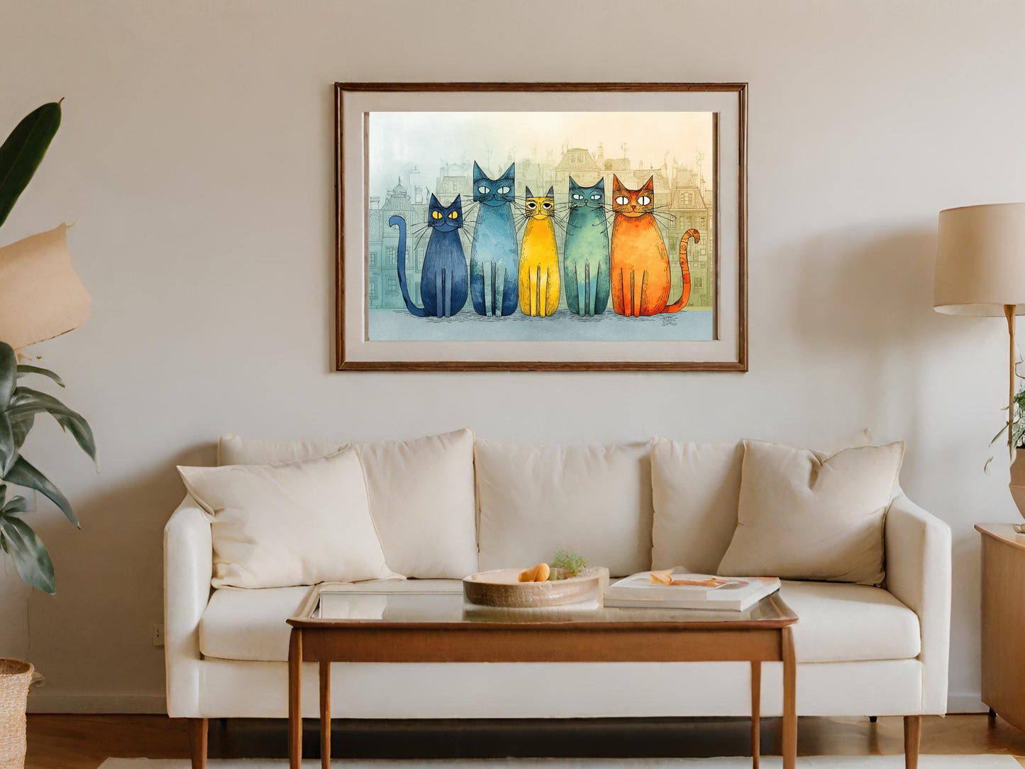 Five colorful cartoon cats sit in a row above a couch.