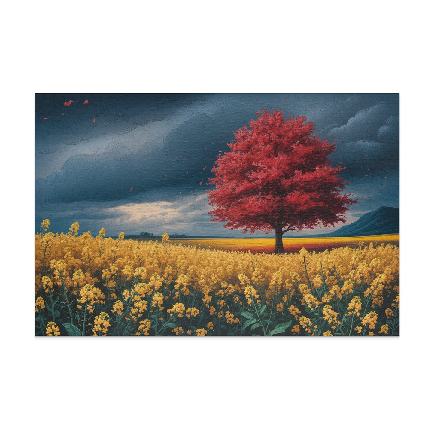 Painting of a single red tree in a field of yellow flowers under a stormy sky.