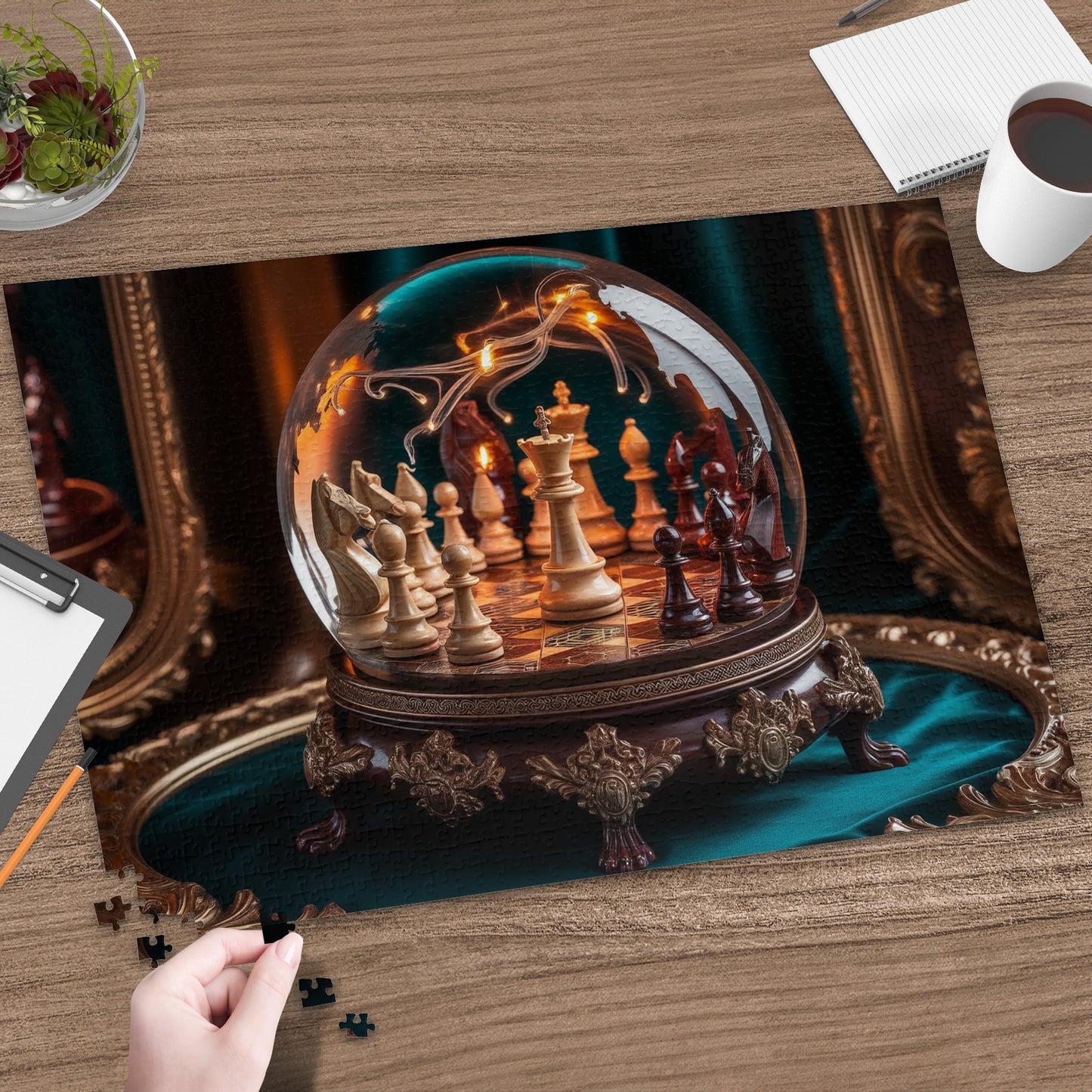 Chess pieces displayed inside a glass orb on a decorative stand.