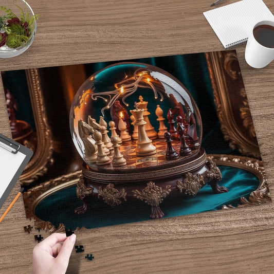 Chess pieces displayed inside a glass orb on a decorative stand.