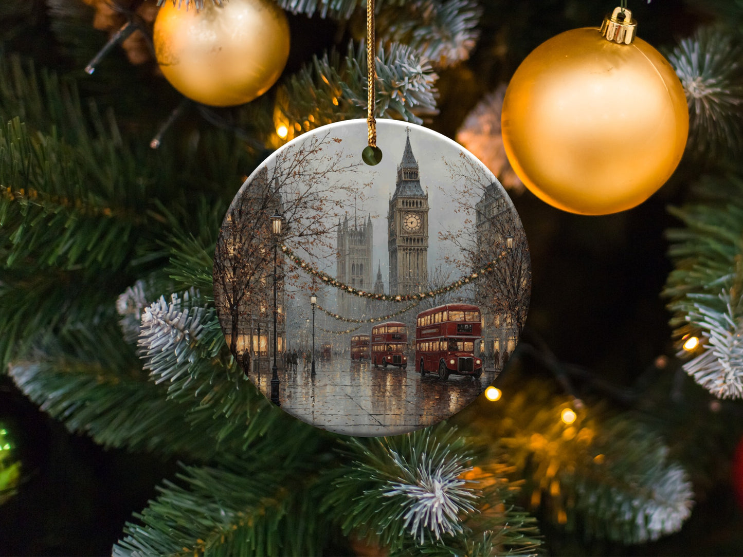 Snowy London Scene Featuring Double-Decker Buses ornament