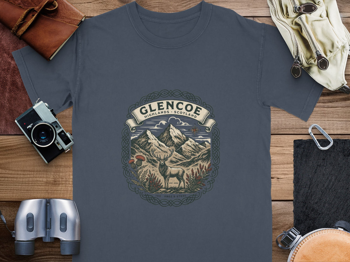 Glencoe Highlands Scotland graphic t-shirt featuring a stag and mountains.