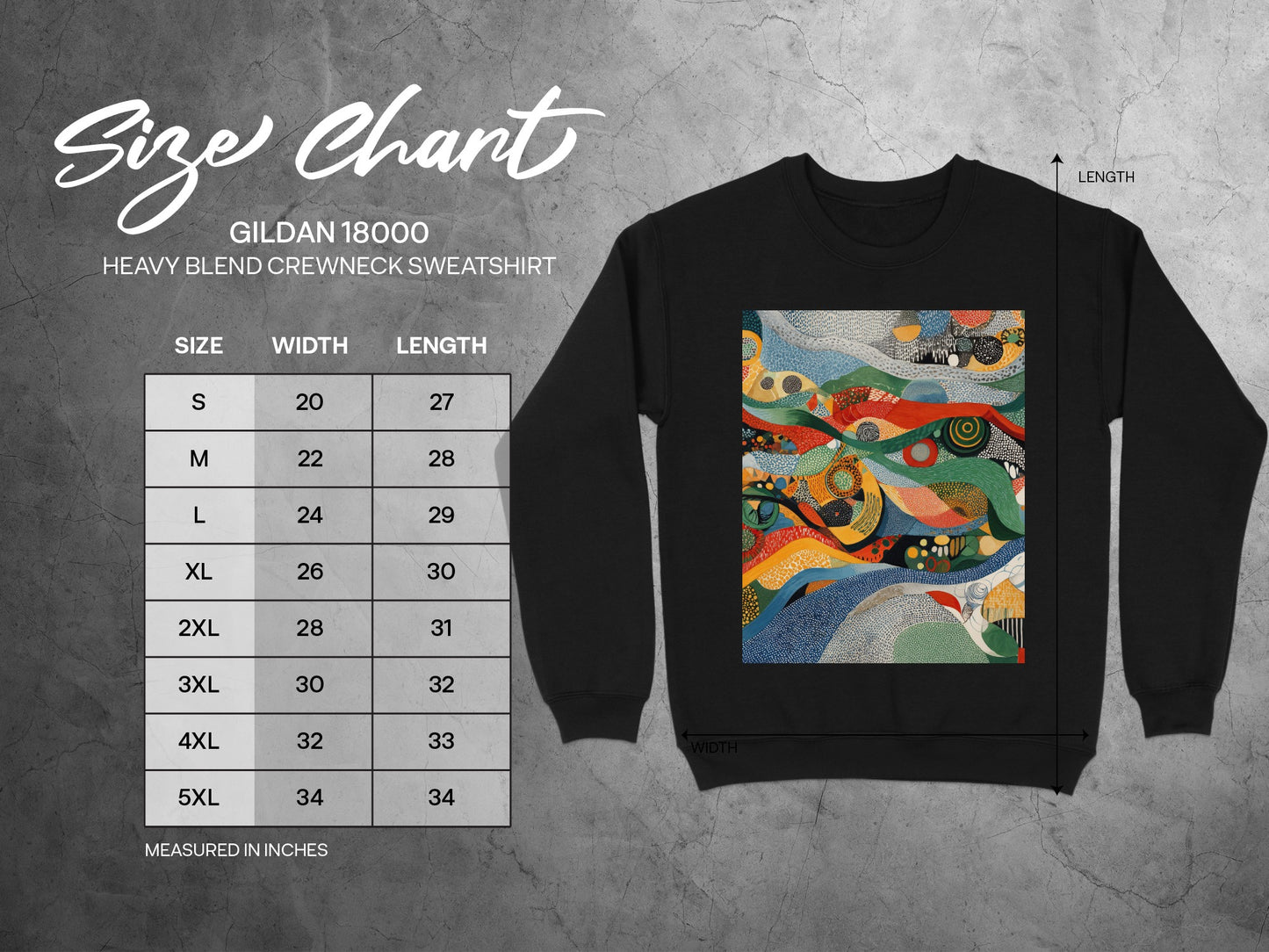 Abstract Colorful Wavy Artistic Crewneck Sweatshirt product type
Sweatshirt, Crewneck, Abstract, Colorful, Wavy, Pattern, Artistic, Modern, Unique, Aesthetic, Design, Pullover, Apparel, Graphic, Vibrant, Cozy, Fashion, Unisex, Gildan, Streetwear