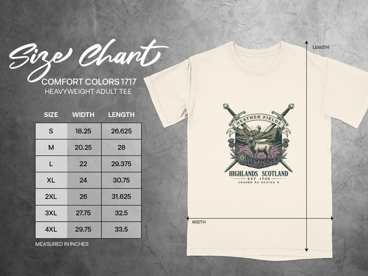 Comfort Colors 1717 heavyweight adult tee size chart with width and length measurements.