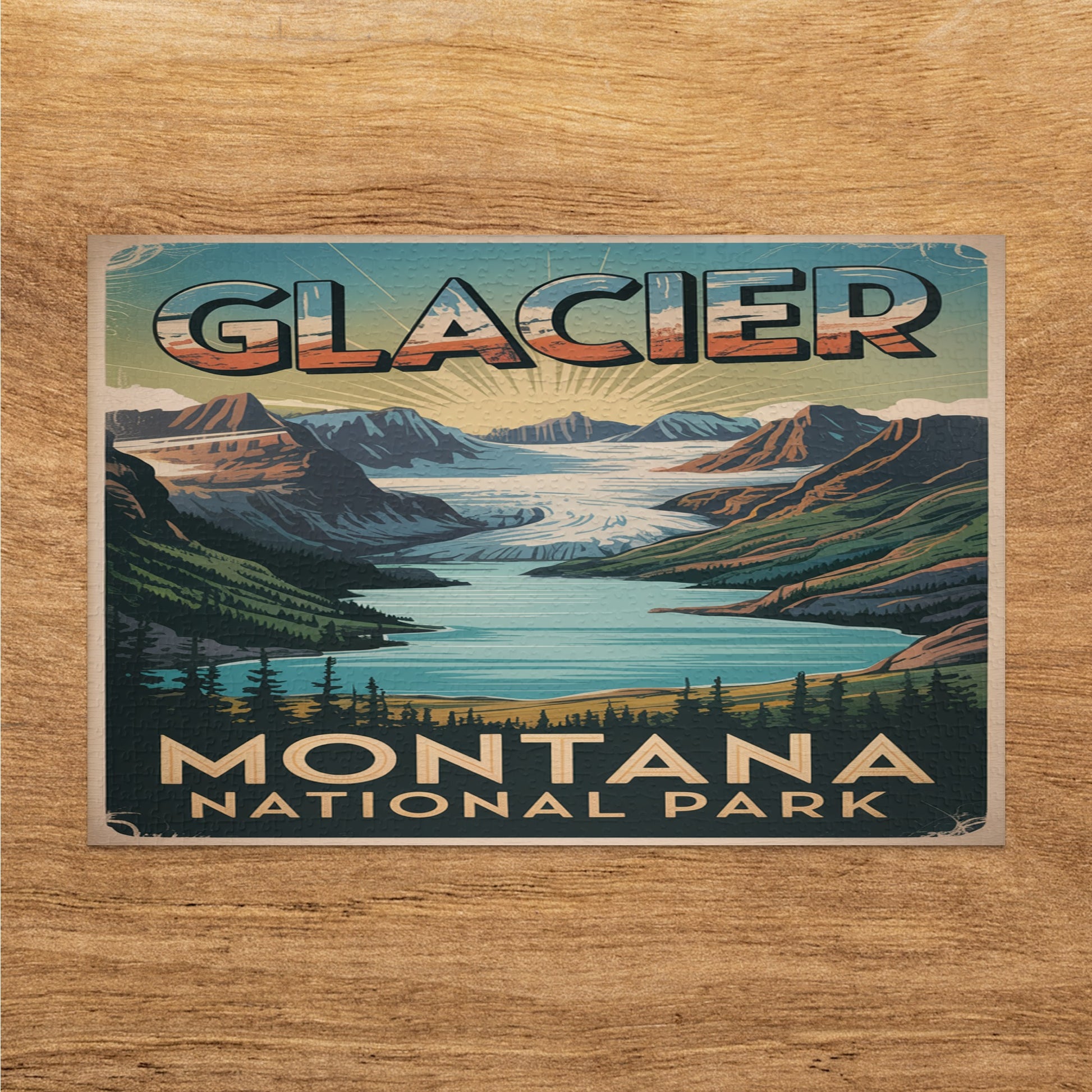 Glacier National Park Montana vintage travel poster with mountains and lake.