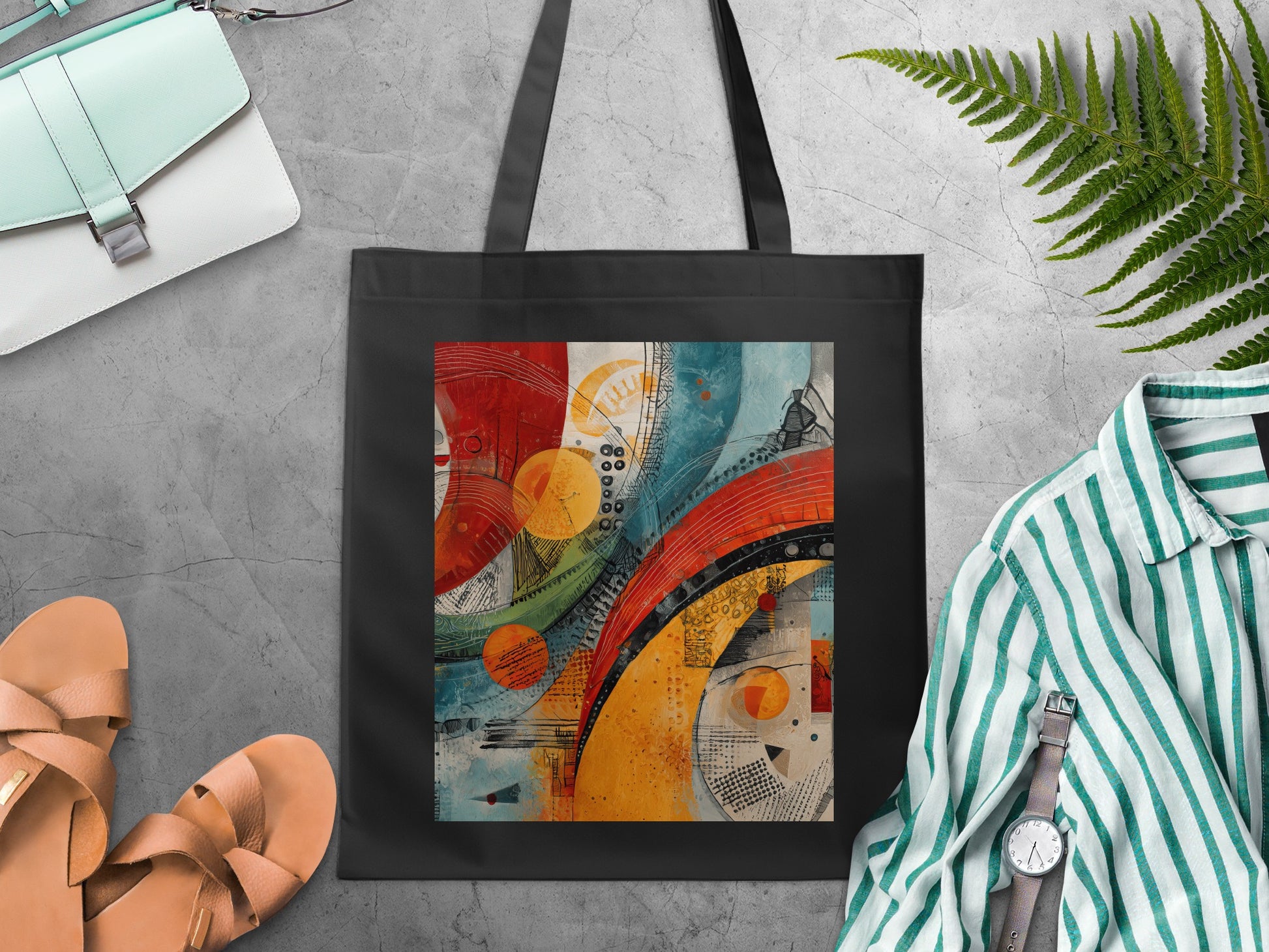 Dynamic Abstract Circles Arcs Lines Multicolor Tote product type
Abstract artwork, Modern print, Colorful design, Geometric pattern, Dynamic art, Artistic graphic, Vibrant imagery, Contemporary aesthetic, Unique illustration, Circle art, Line pattern, Arc abstraction, Red design, Orange art, Blue hues, Yellow tones, Green elements, Textured print, Bold colors, Expressive art