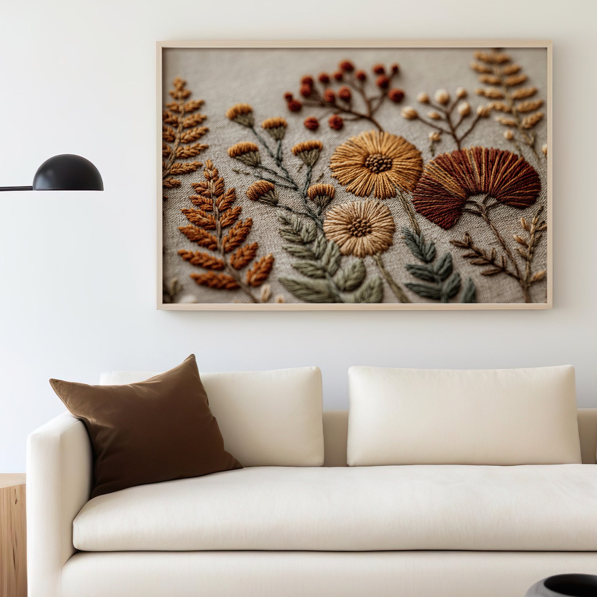 Detailed Floral Embroidery Wall Art in Relaxing Decor