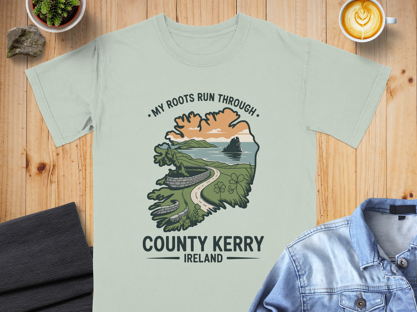 T-shirt with "My Roots Run Through County Kerry Ireland" and scenic graphic.