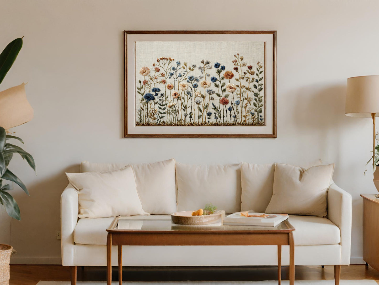 Framed floral embroidery art above a white sofa and coffee table.