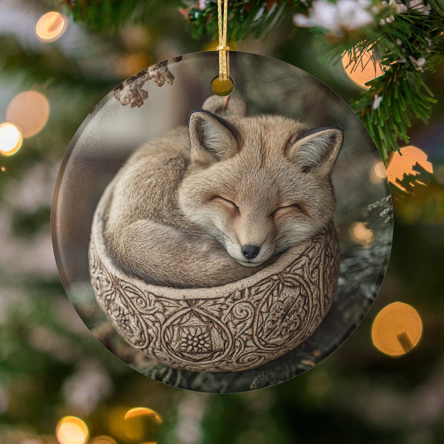 Sleeping Fox with Engraved Patterns Ornament Product