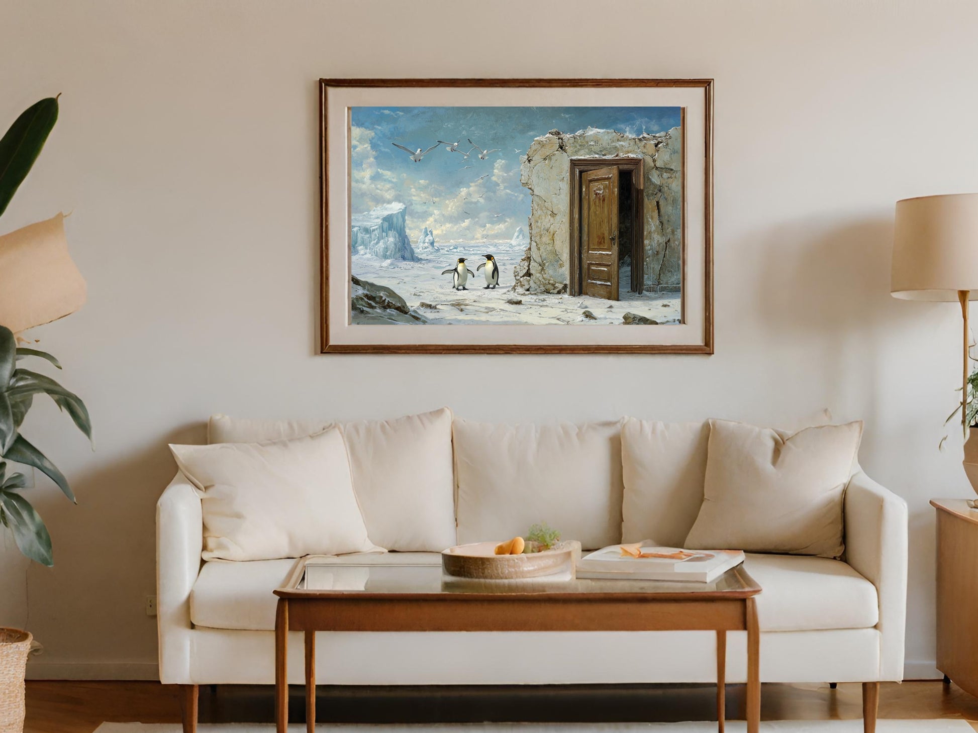 Framed Antarctic Landscape Print with Penguins Artwork