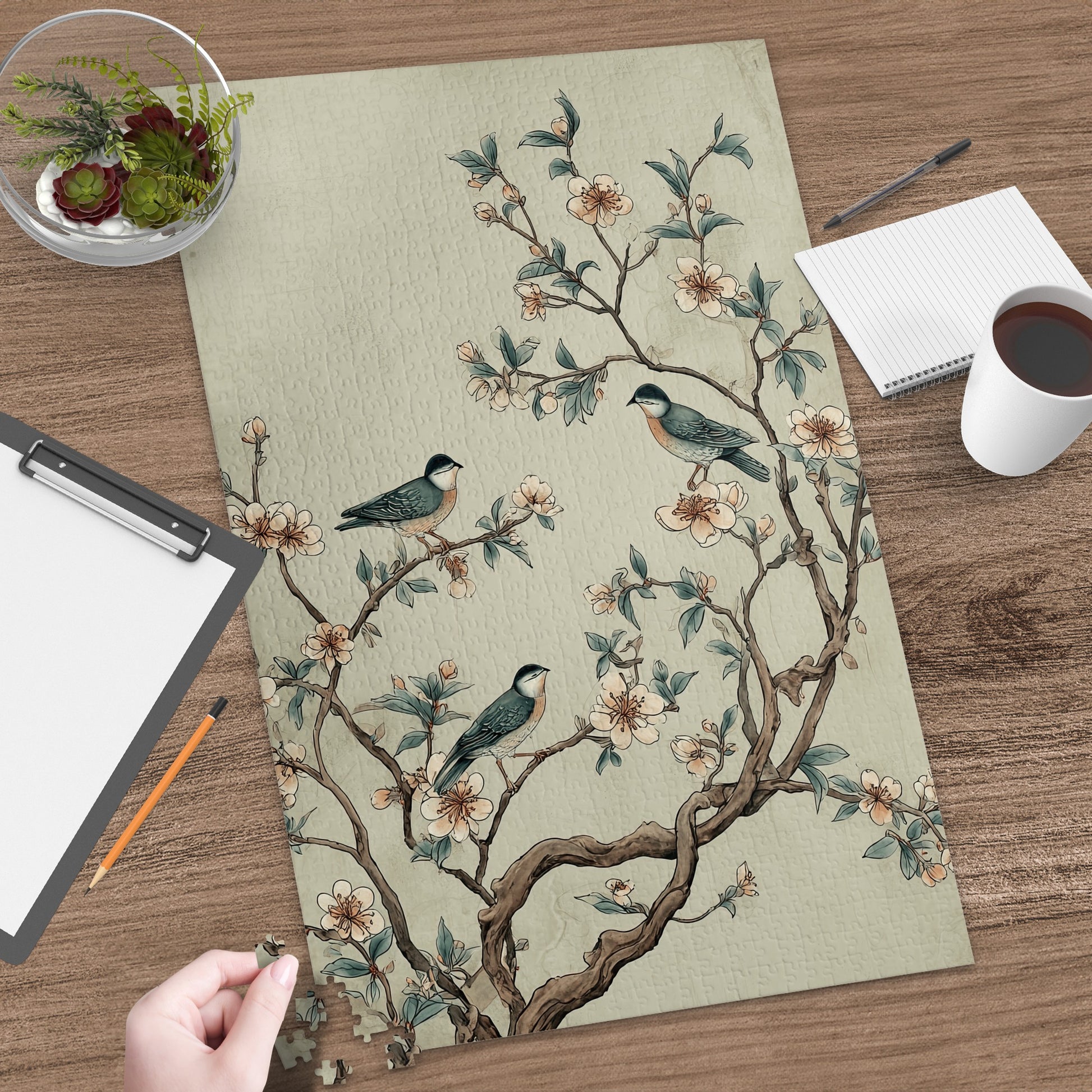 Decorative Puzzle Featuring Birds on Flowering Tree
