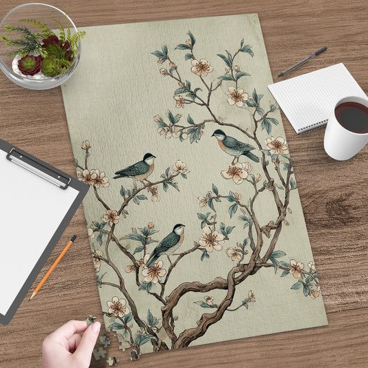 Decorative Puzzle Featuring Birds on Flowering Tree
