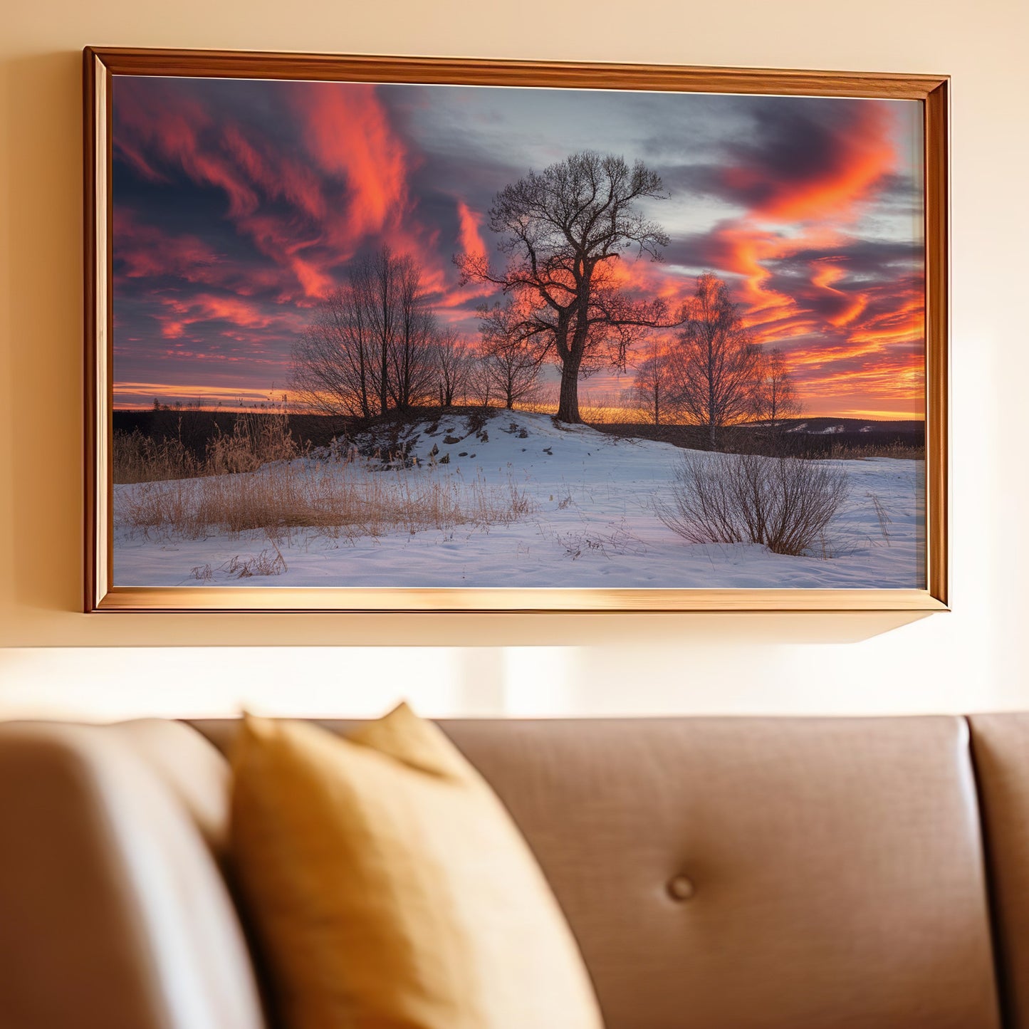 Framed artwork featuring a bare tree against a vibrant sunset over a snowy landscape.