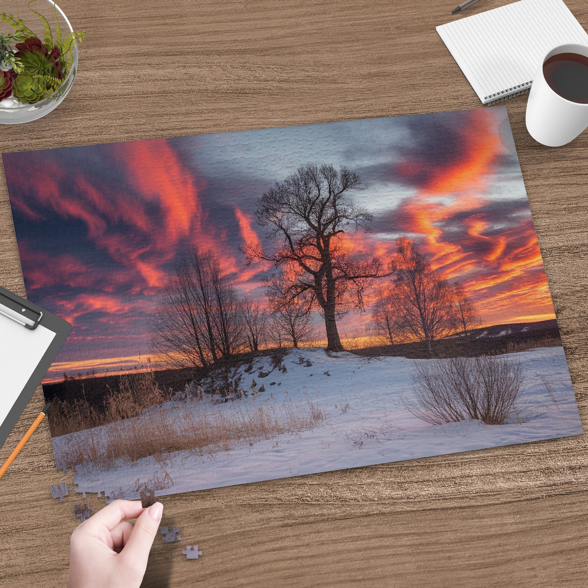 Winter sunset over a snowy landscape with a solitary tree.