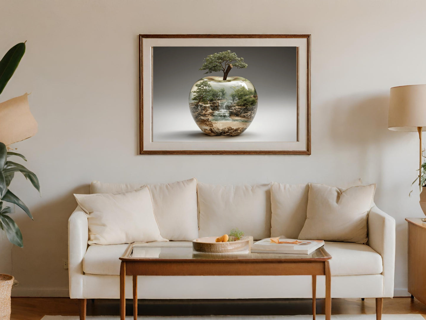 Framed artwork shows a landscape inside an apple above a sofa.