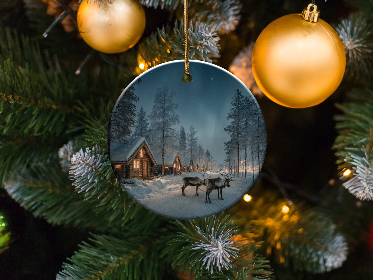 Rustic Winter Scene with Reindeer Holiday Ornament