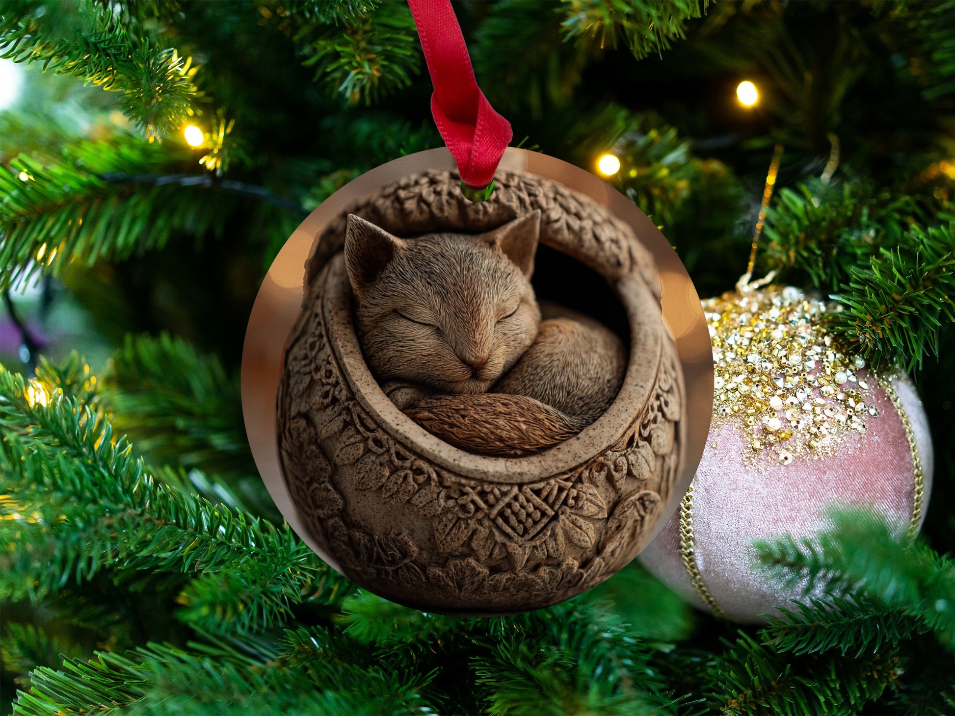 Adorable Sleeping Cat in Basket Ornament for Christmas