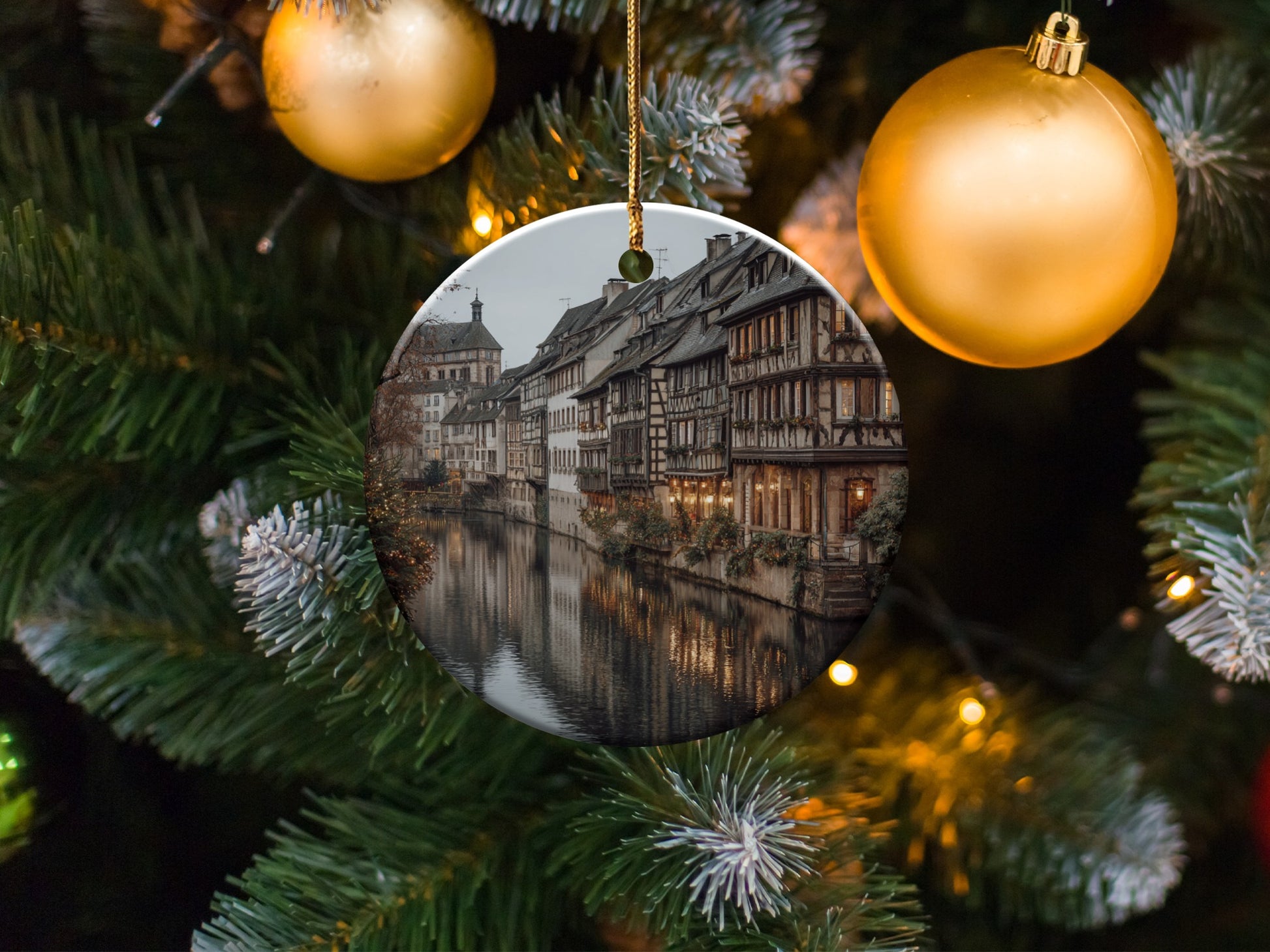 Christmas Tree Ornament with Winter Village Scene