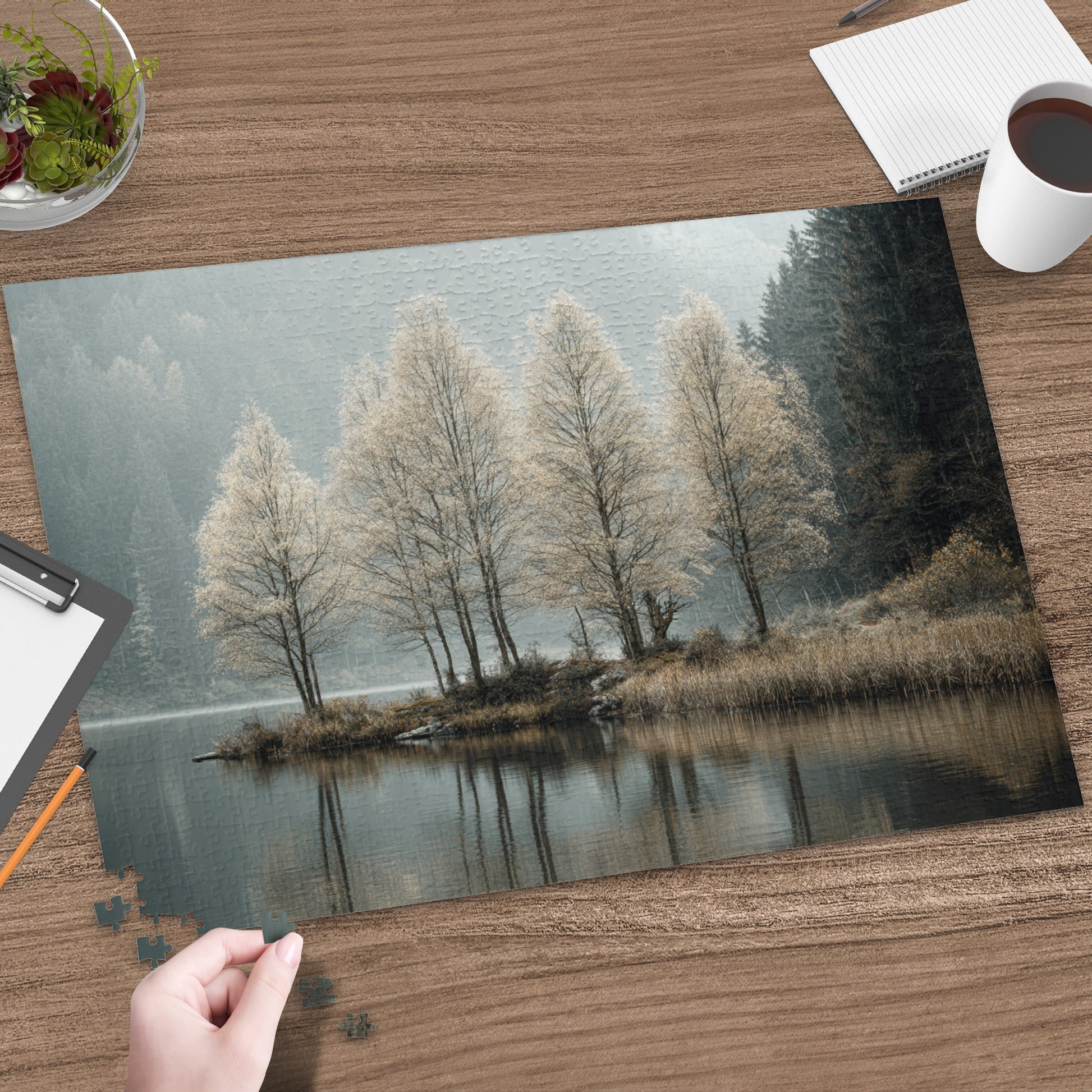 Tranquil Misty Forest Scene Reflecting on Lake Puzzle