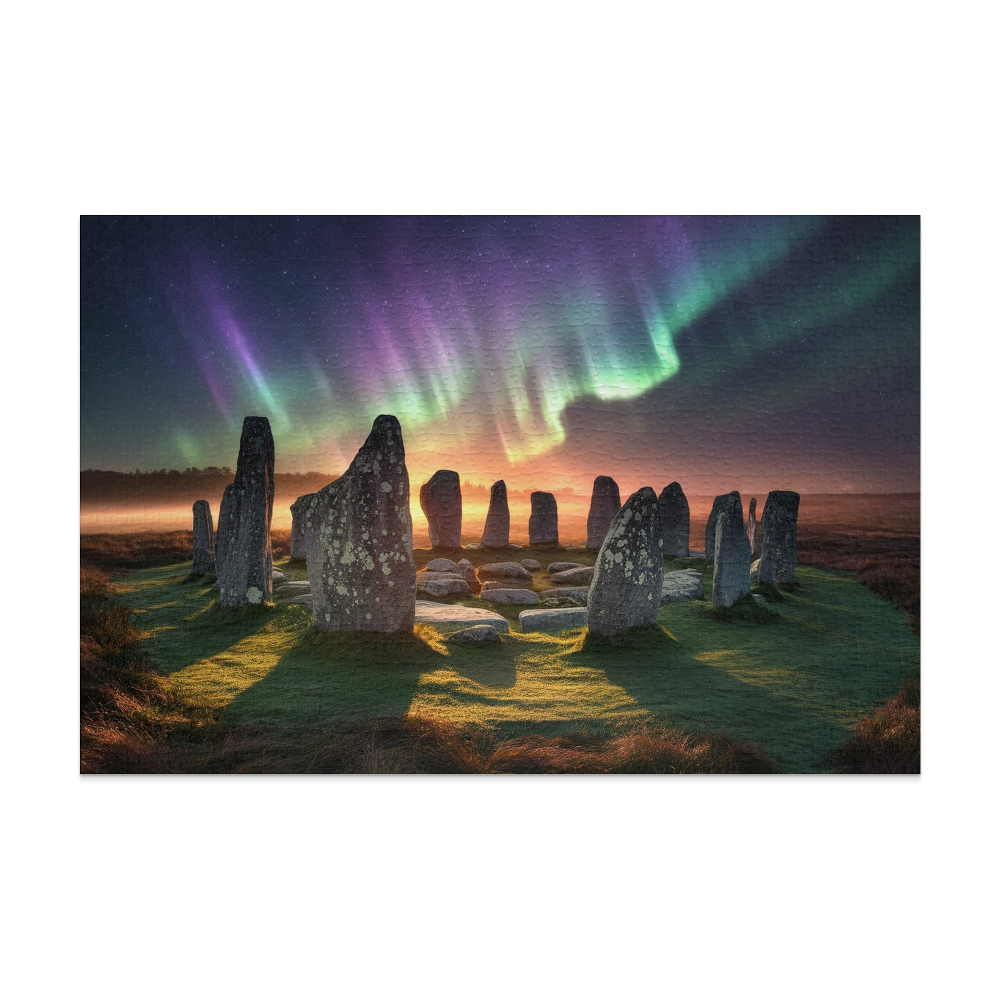 Stone circle under aurora borealis at sunset.