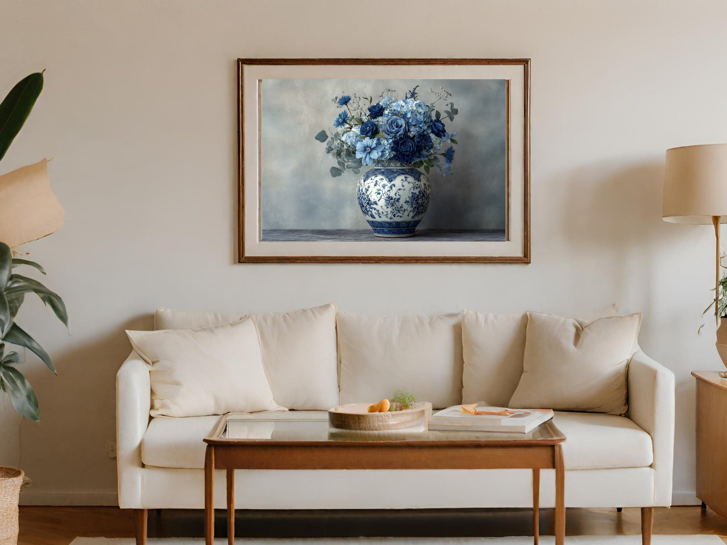 Elegant Framed Blue Floral Vase Painting Wall Art Decor