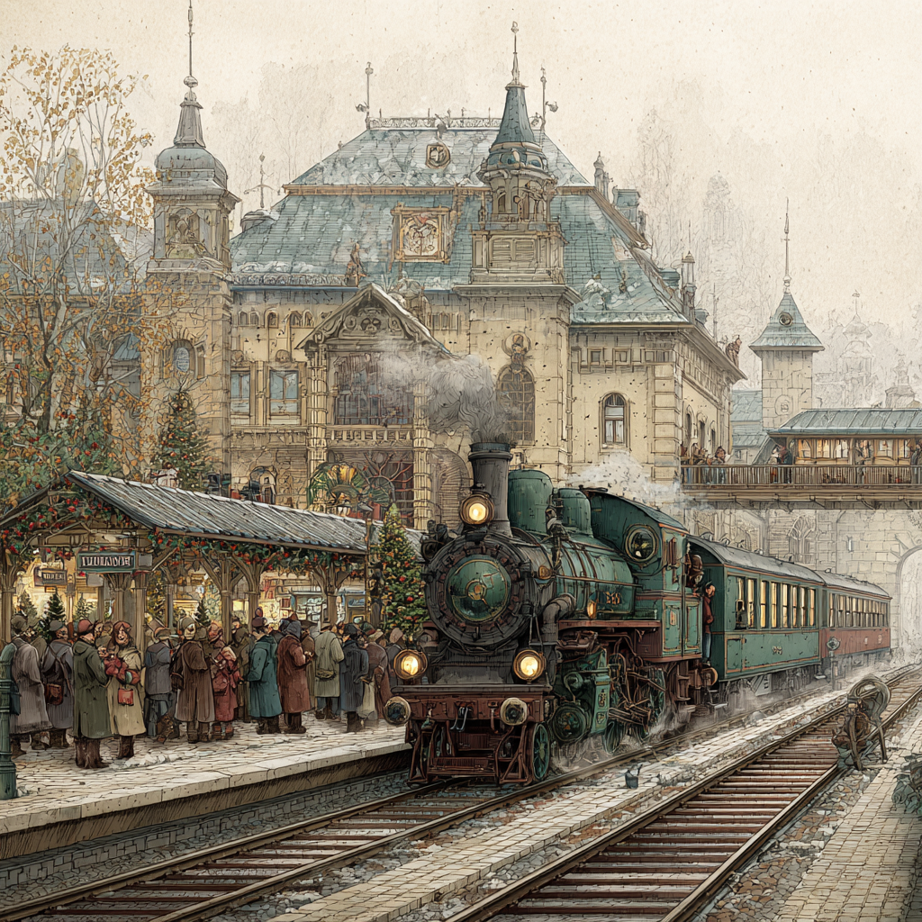 Vintage Holiday Train Station with Steam Engine Art