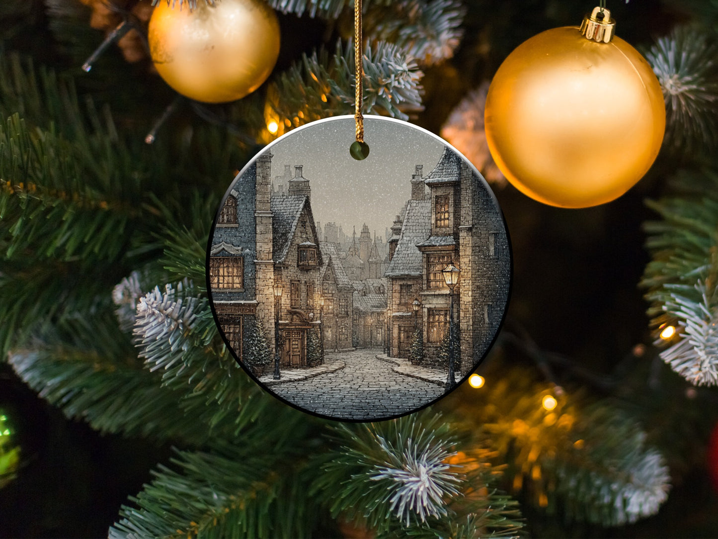 Vintage Holiday Village Scene Hanging Ornament