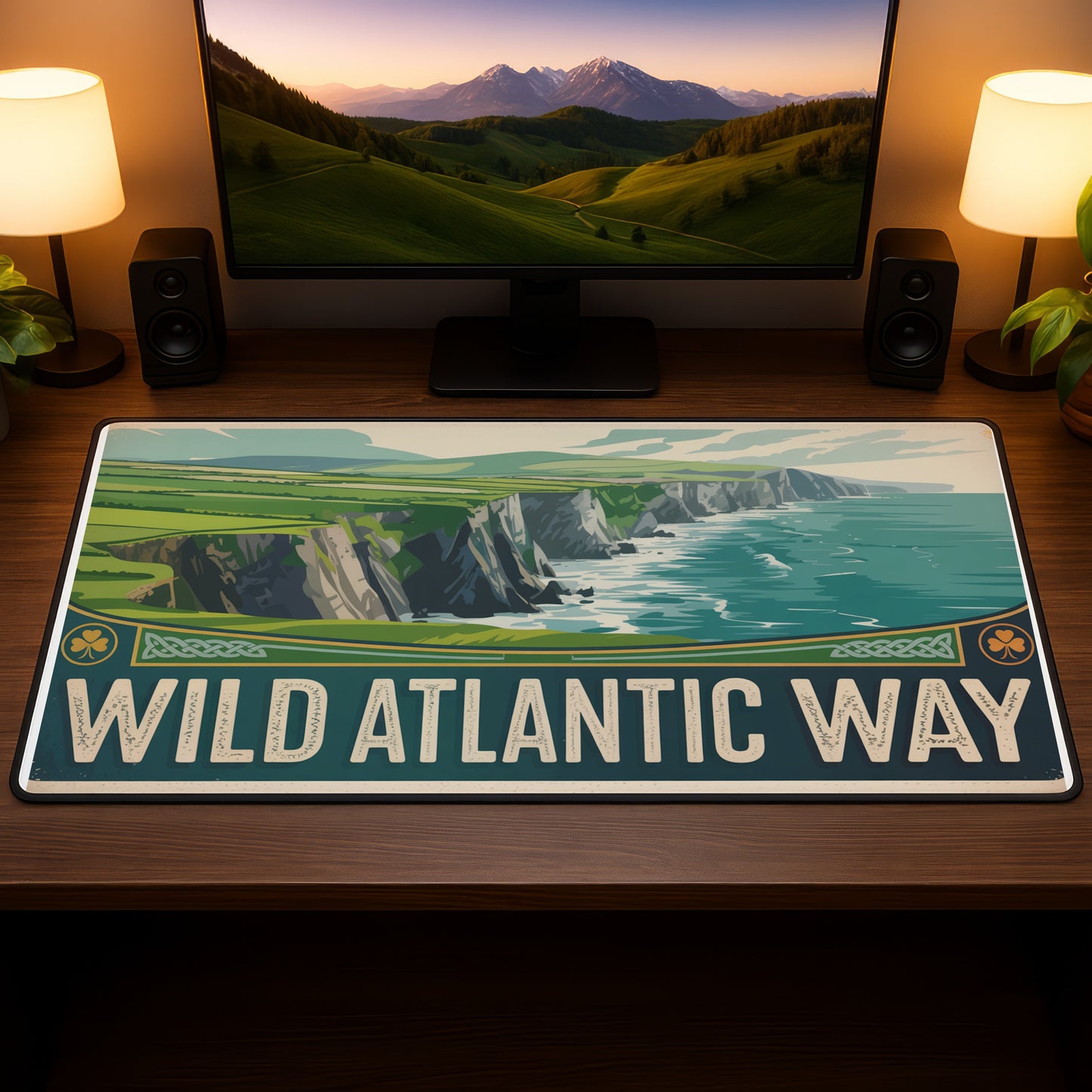 Wild Atlantic Way ocean cliff illustration on a desk mat.