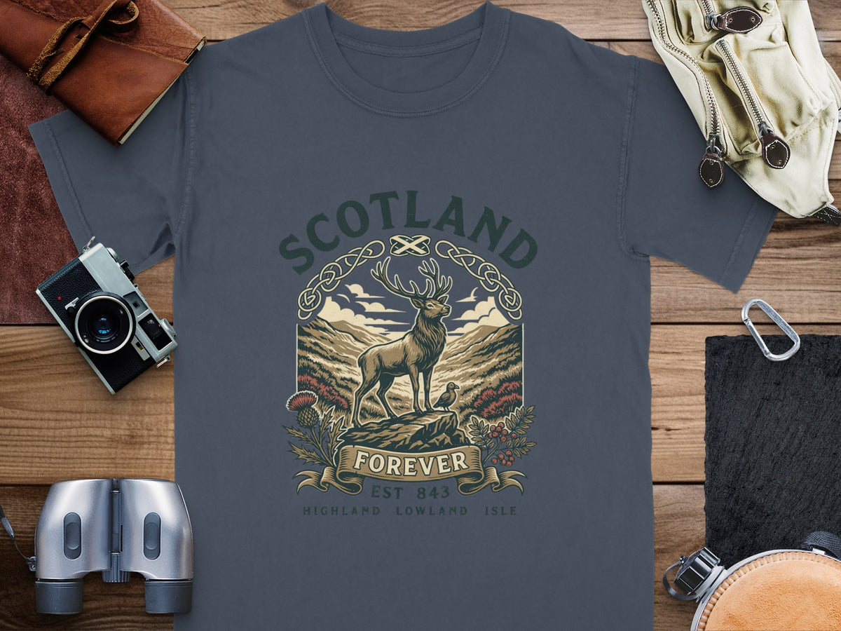 T-shirt with a stag, bird, and Scottish landscape graphic featuring "SCOTLAND FOREVER EST 843".
