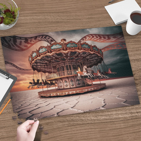 Carousel with horses against a sunset sky and arid landscape.