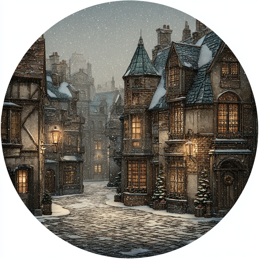 Quaint Snowy Village Scene Artwork Print