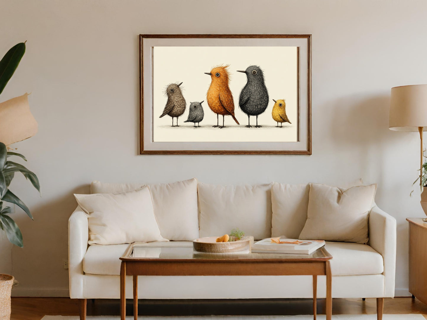 Six stylized birds in brown frame above a white sofa.