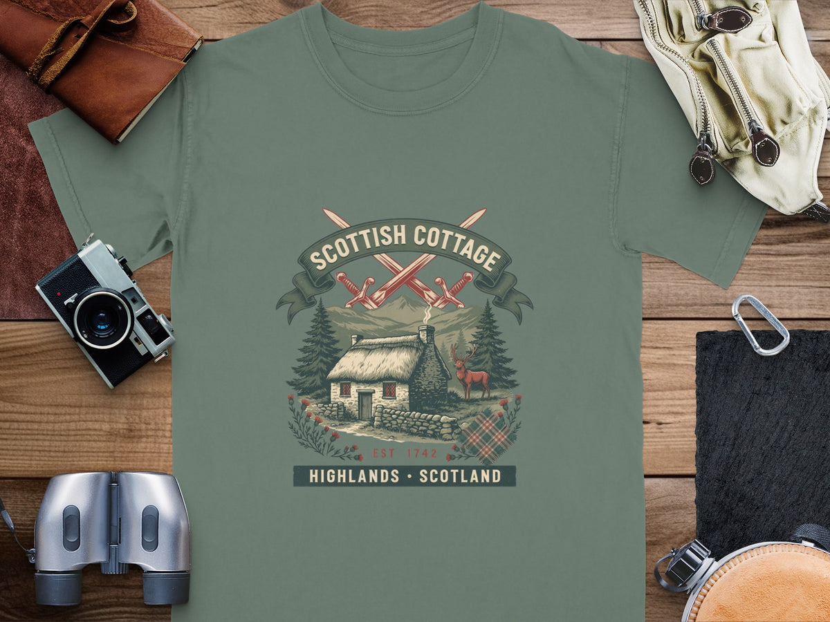 Scottish Cottage graphic with swords, a deer, and text "EST 1742 HIGHLANDS SCOTLAND".