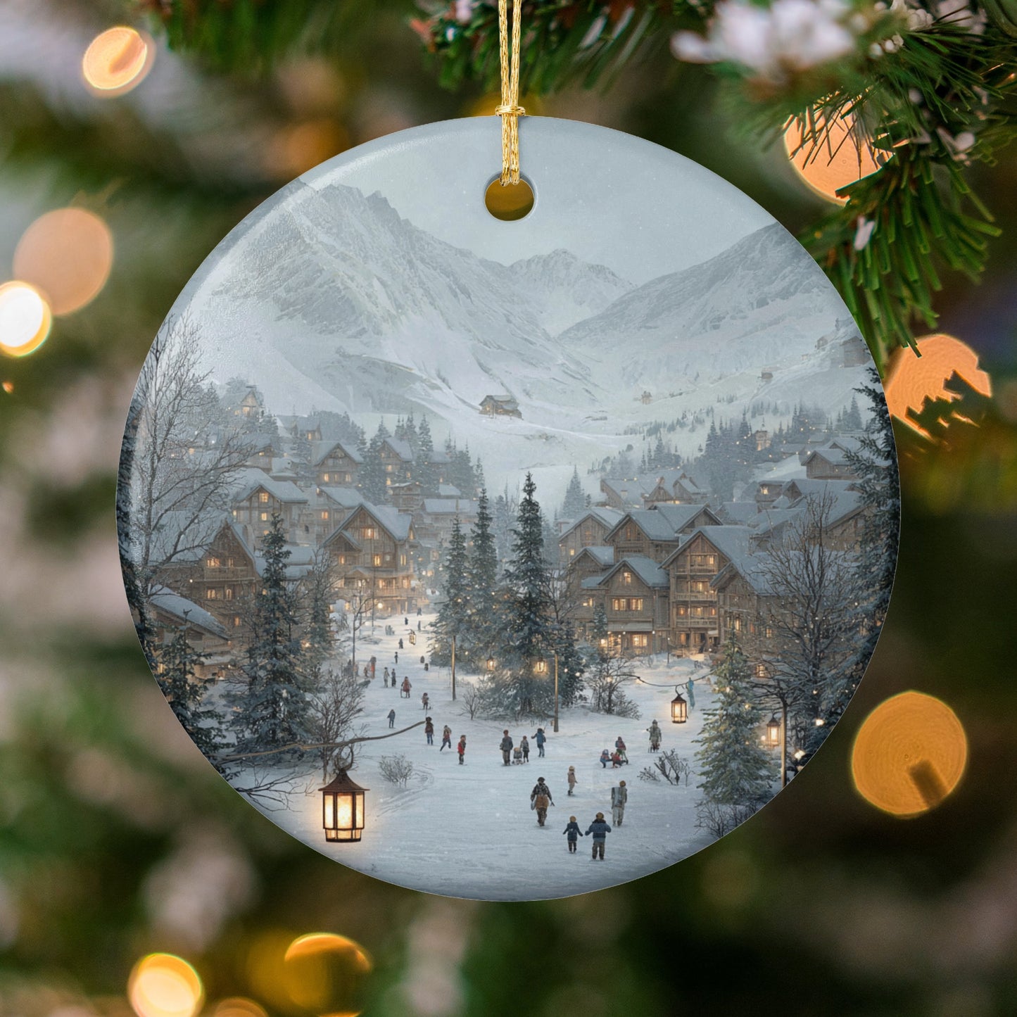 Winter Village Scene with Snowy Mountain Ornament