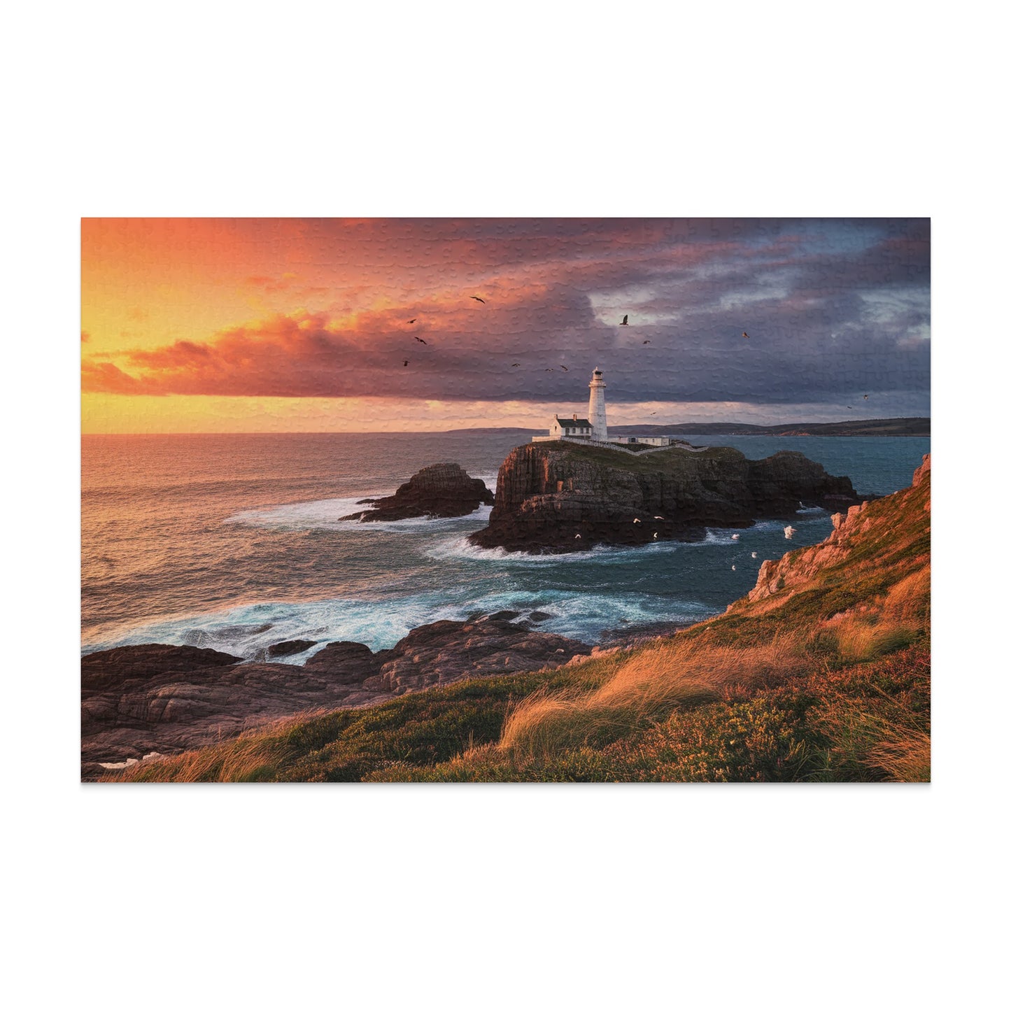 Lighthouse on rocky island with birds at sunset under dramatic sky