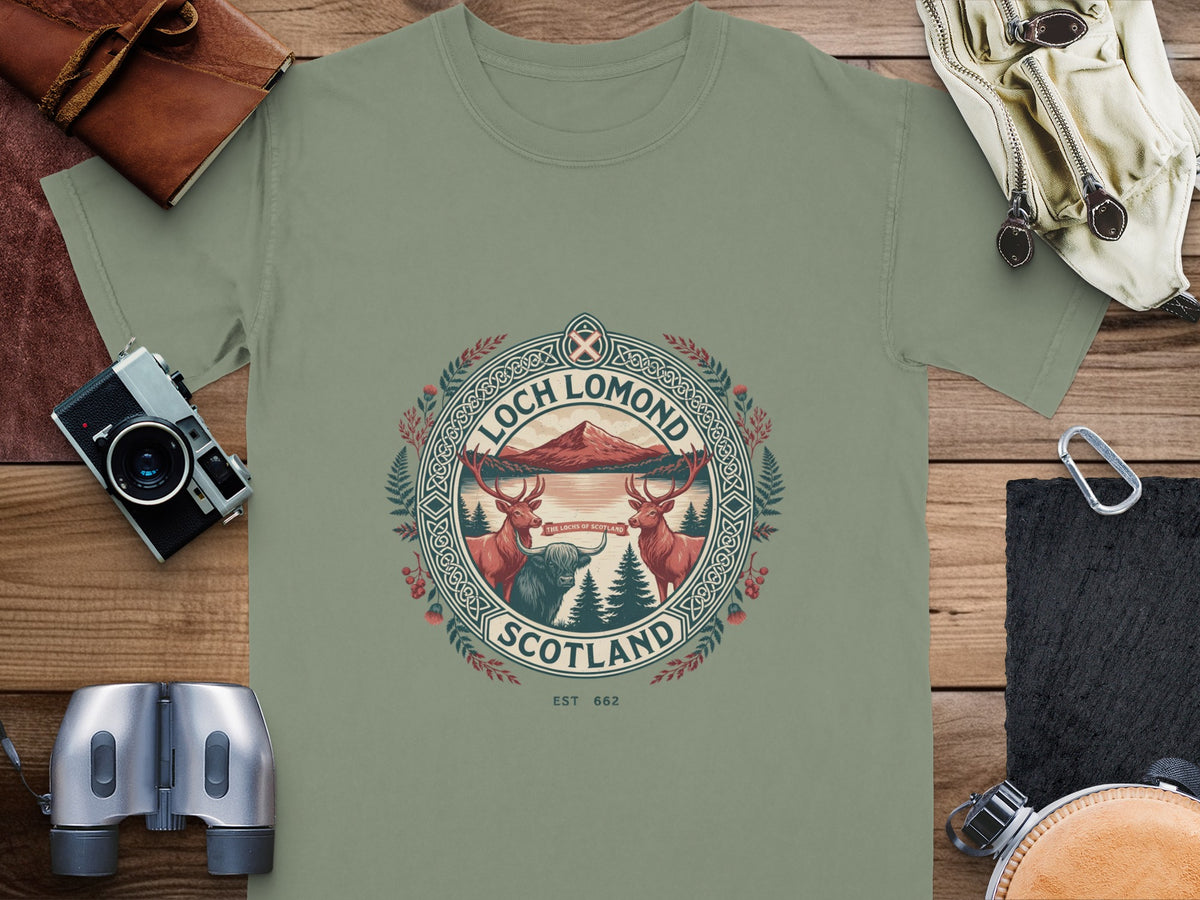 Loch Lomond Scotland graphic on a green t-shirt with deer, highland cow, and mountain.