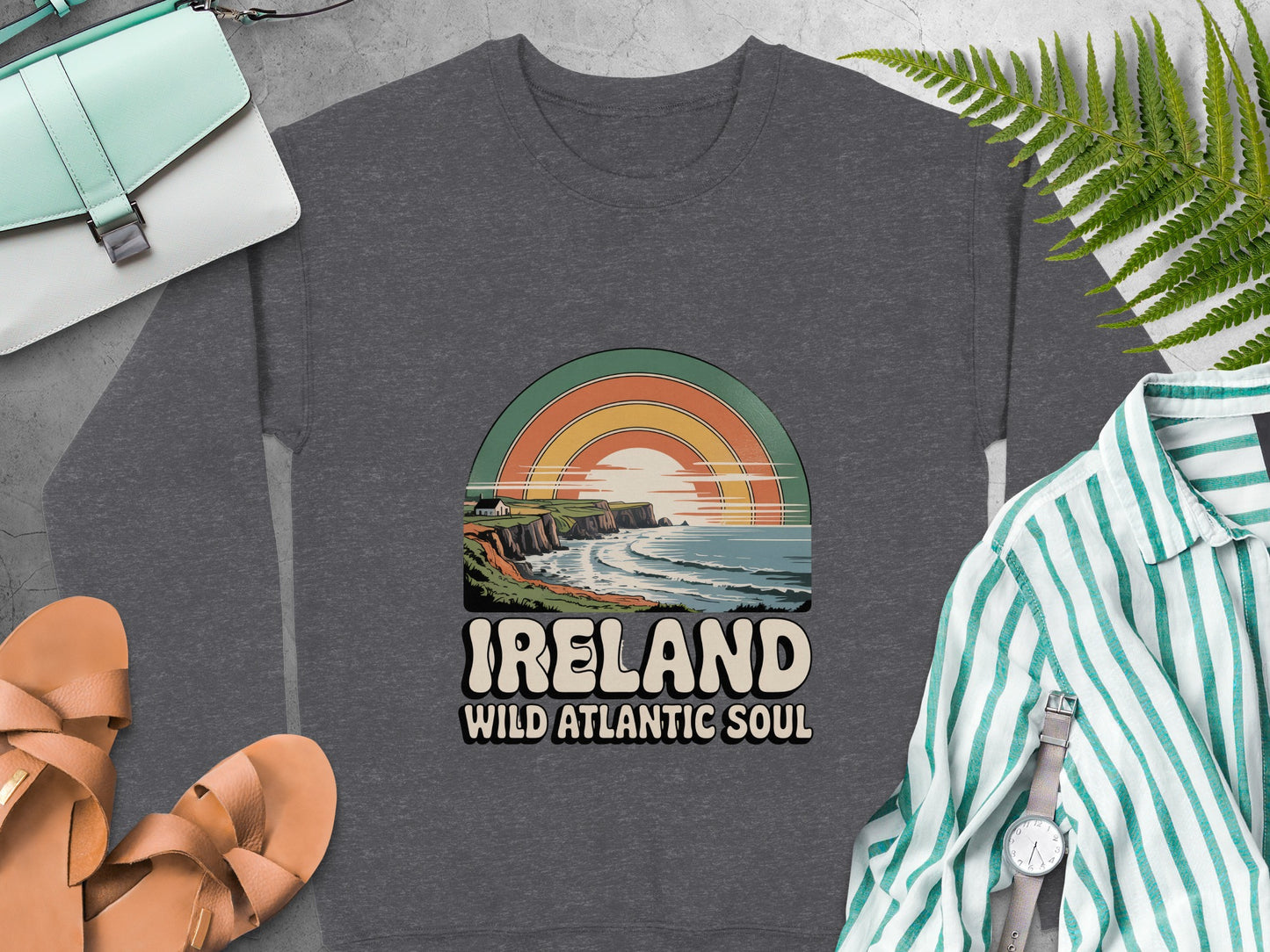Ireland Wild Atlantic Soul graphic and coastal sunset scene on Dark Heather sweatshirt