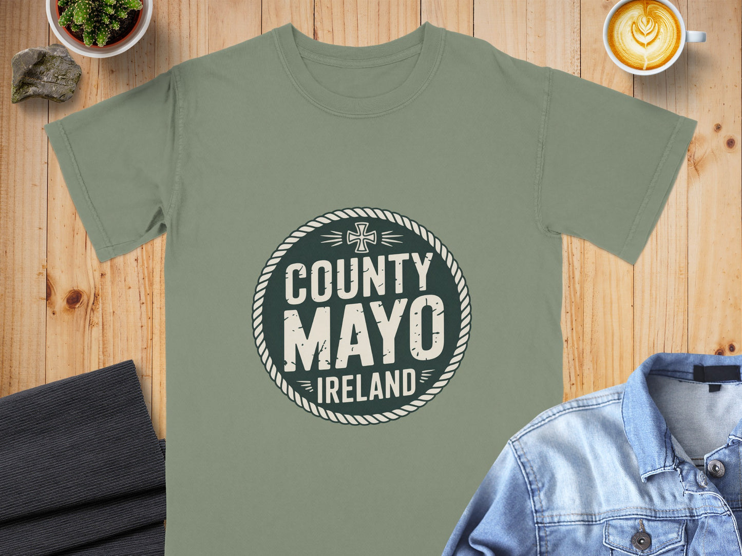 Olive green t-shirt with circular "County Mayo Ireland" graphic.
