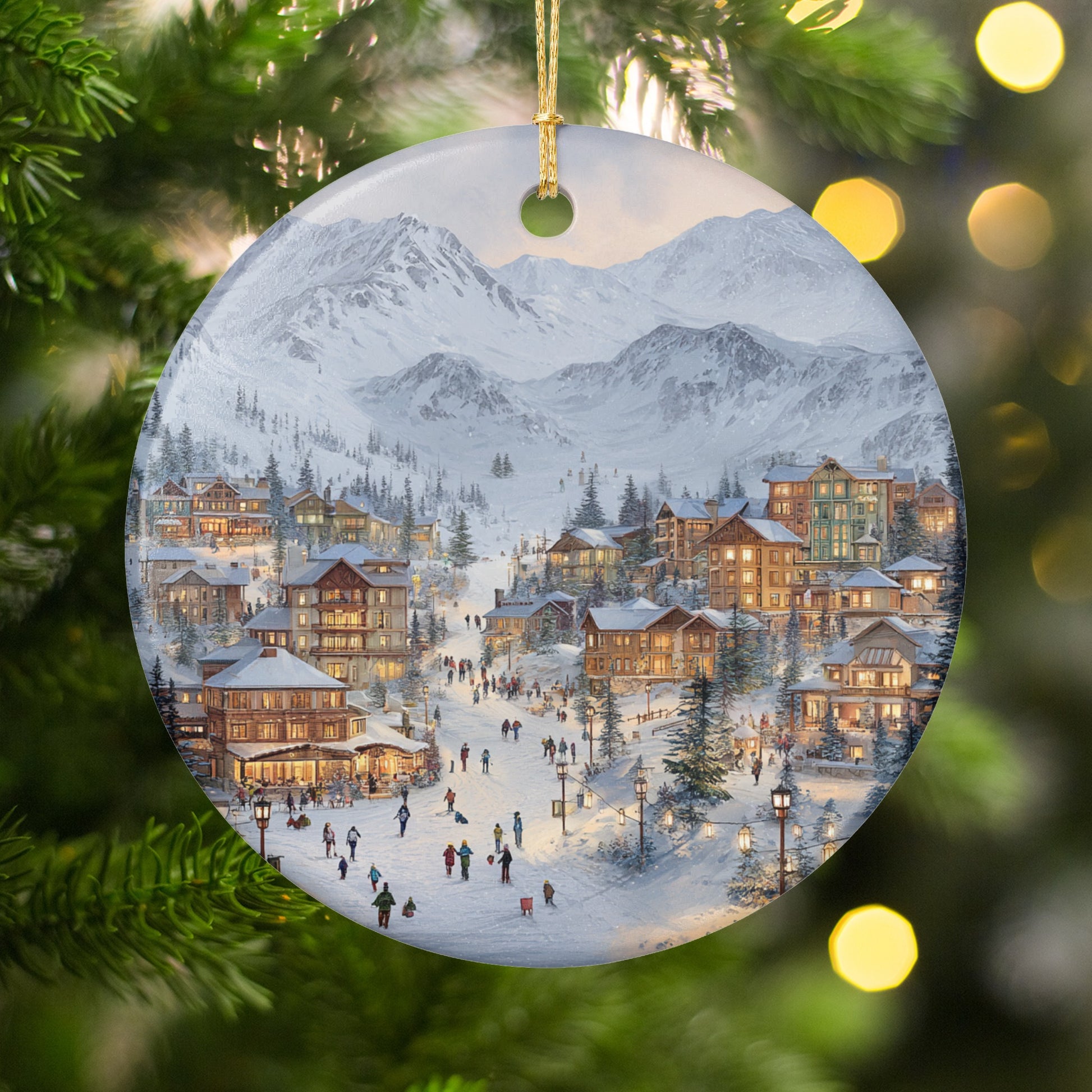 Snowy Mountain Village Scene Holiday Decoration