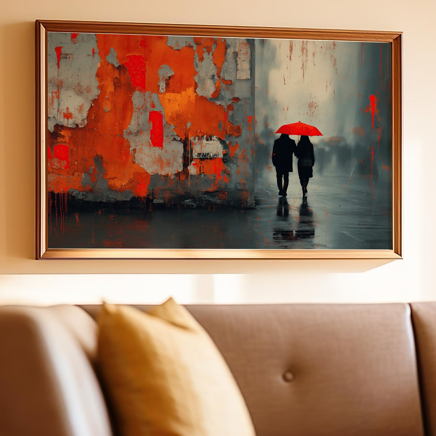 Red umbrella couple rain orange grey texture painting product type