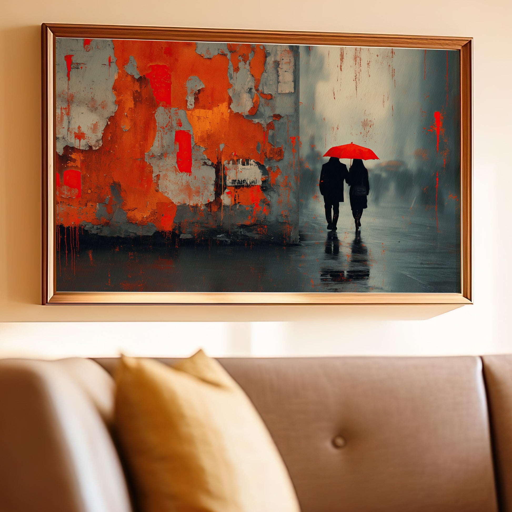 Red umbrella couple rain orange grey texture painting product type