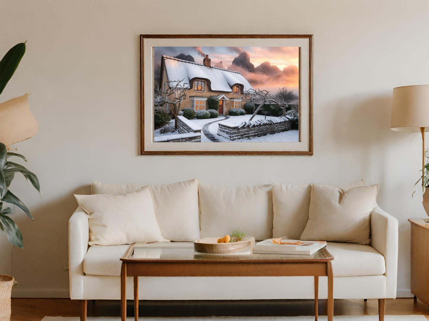 Framed winter landscape painting of a snow-covered cottage with illuminated windows and mountains.