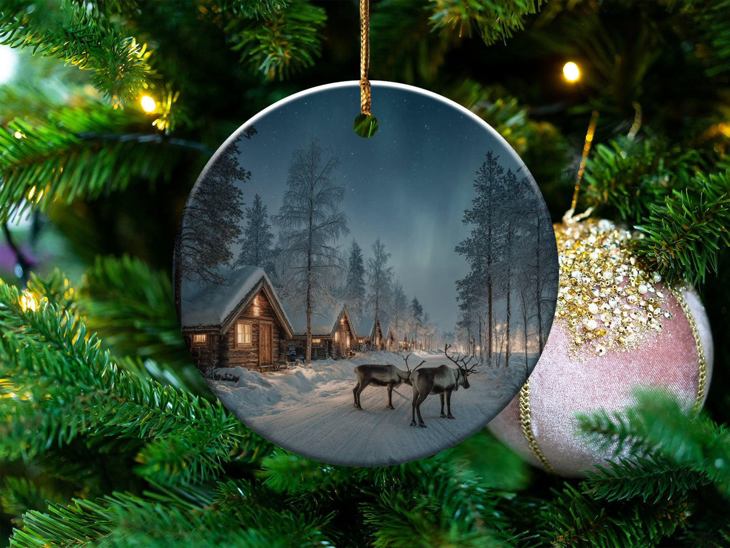 Scenic Holiday Reindeer and Cabins Ornament Scene