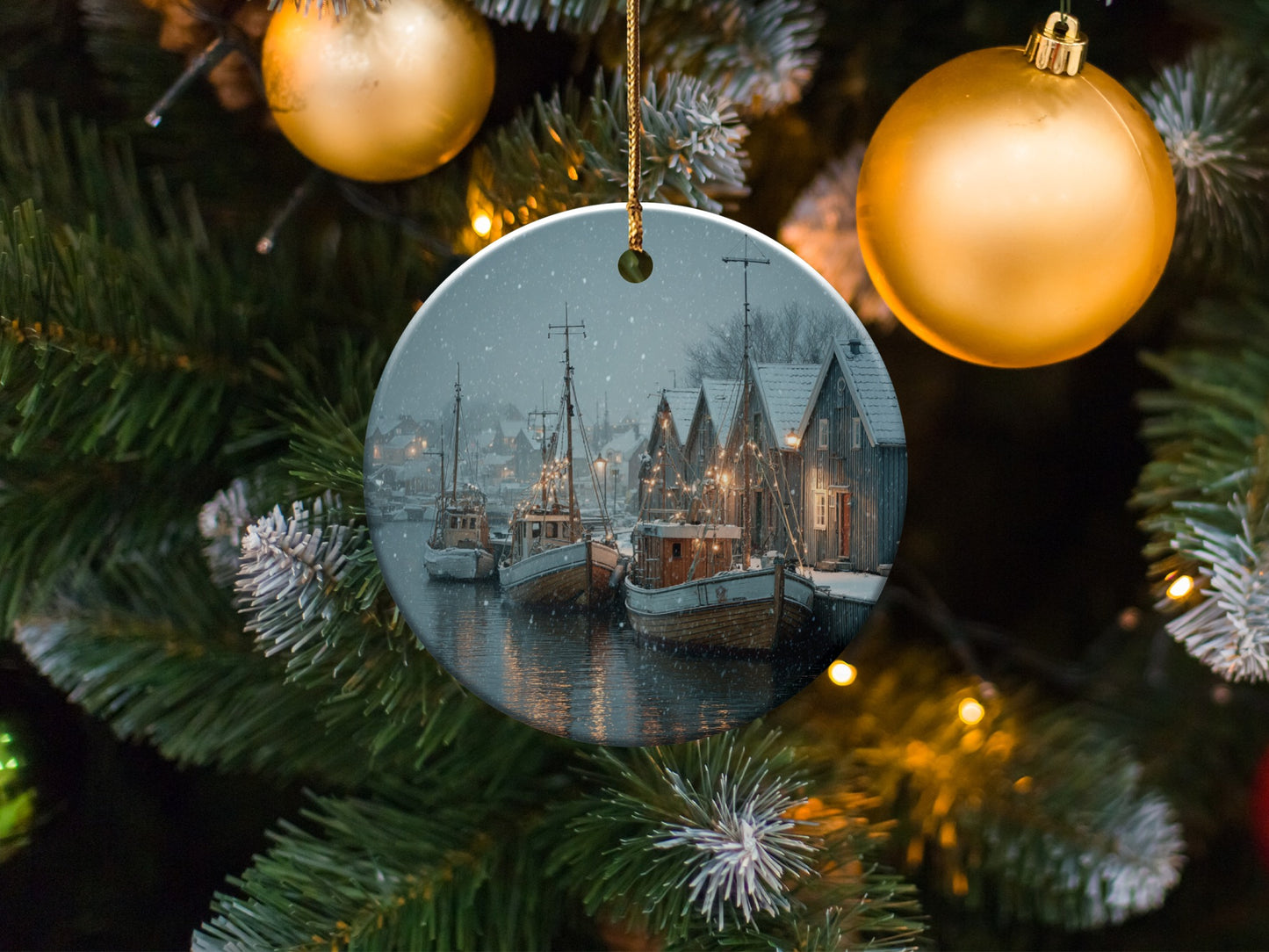 Snowy Harbor Scene Christmas Tree Ornament