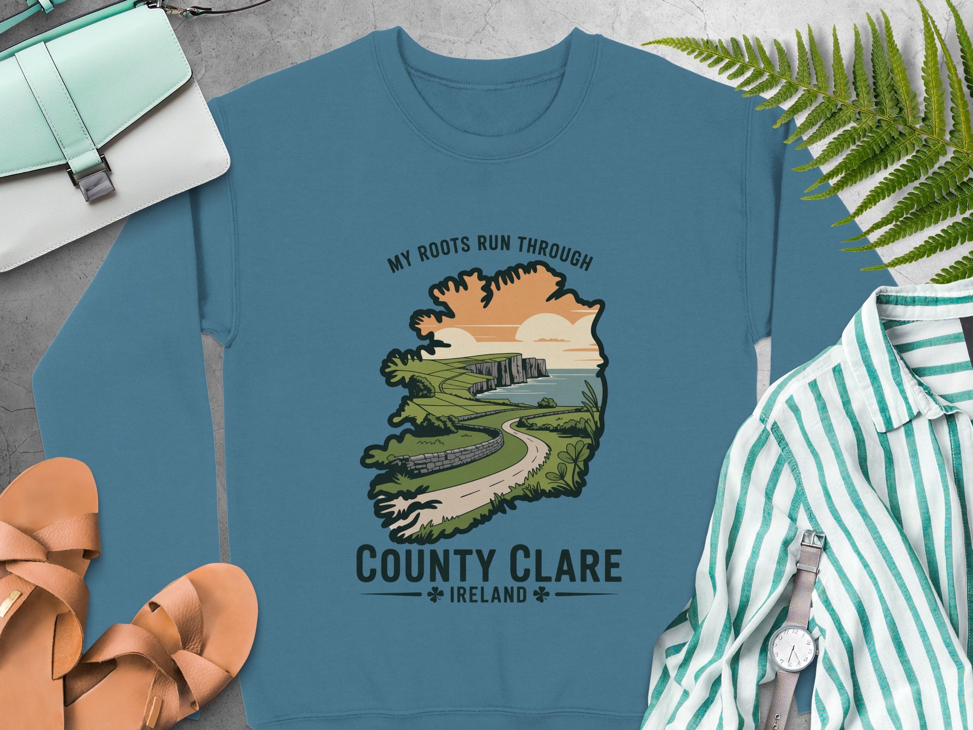 County Clare Ireland graphic and text, "My Roots Run Through" on Indigo Blue sweatshirt