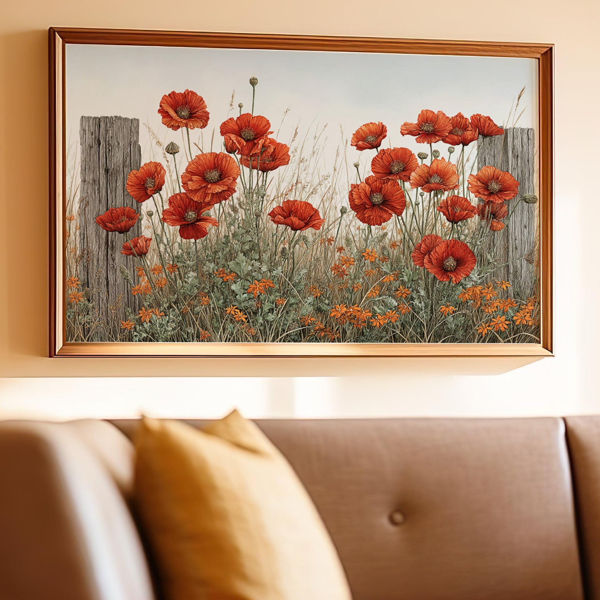 Beautiful Poppy Field with Wooden Fence Home Decor Artwork