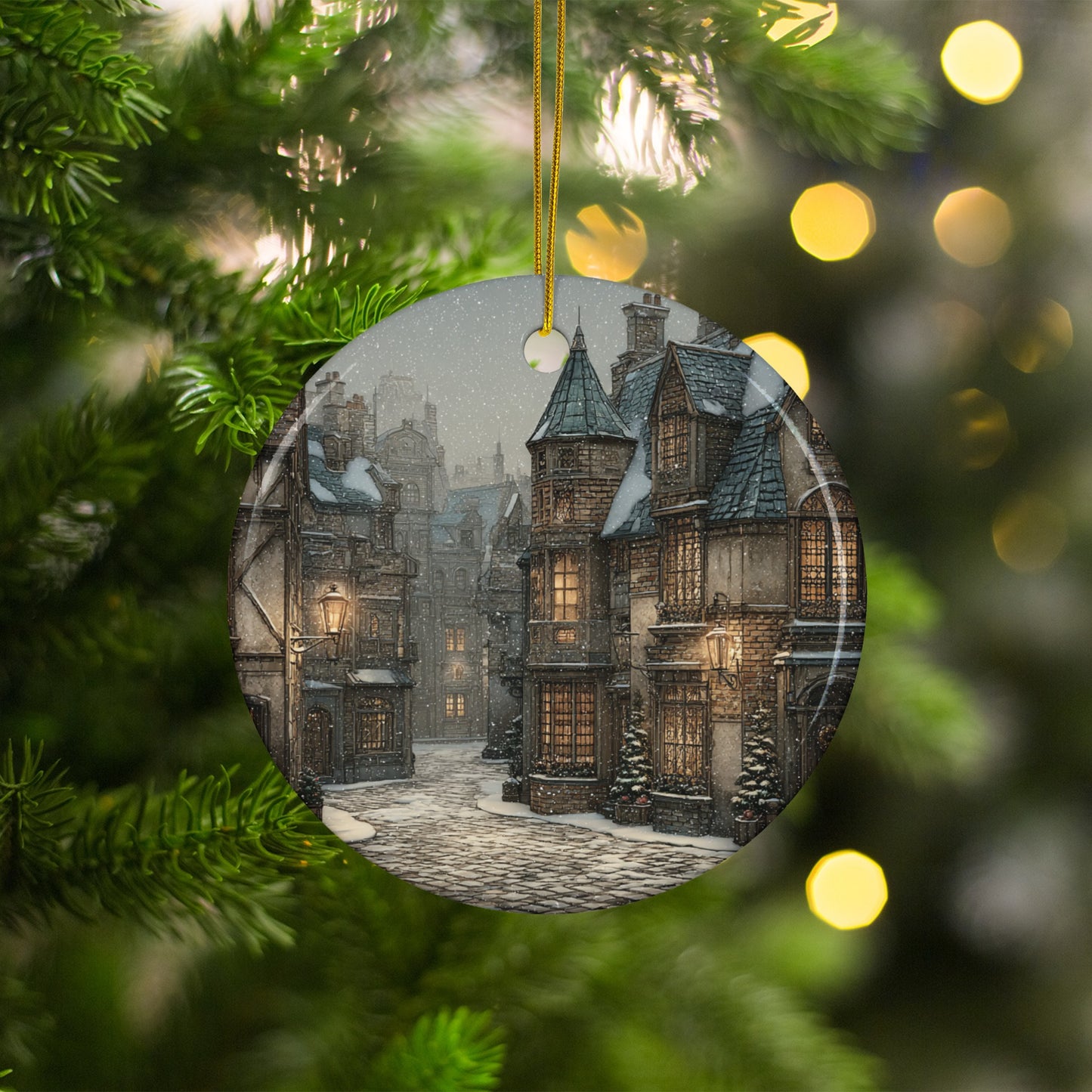Snowy Village Scene Christmas Ornament Product